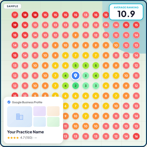 Sample local SEO heatmap showing ranking positions across a geographic grid