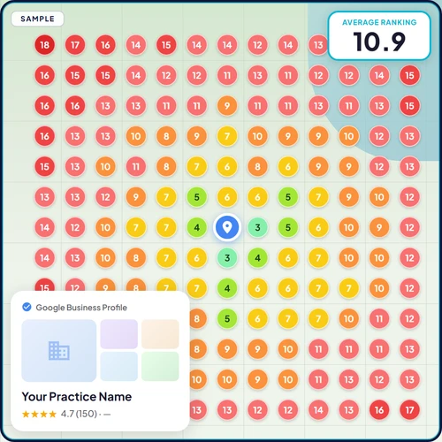 Sample local SEO heatmap showing ranking positions across a geographic grid